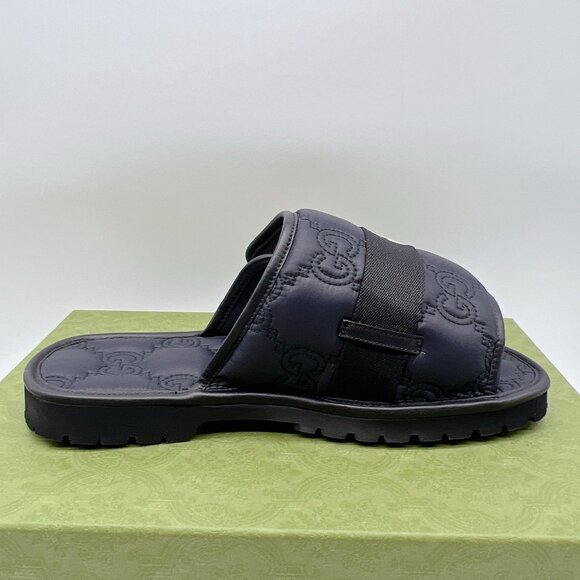GUCCI Mens GG LOGO Quilted Buckle Black Slides Sandals 776792 Mens UK 9 US 9.5 - Picture 9 of 14